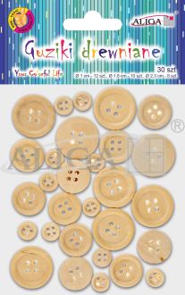 Guziki drewniane GUZ-2713 naturalne mix, op. 30szt.