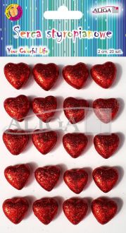 Serca styropianowe brokatowe BBS-02 czerwone 2cm op.20szt