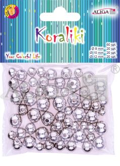 Koraliki plastikowe PJ-9470 srebrne, metalizowane, mix rozm., op. 60szt.