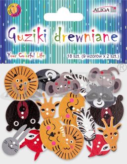 Guziki drewniane GUZ-2737 zwierzątka mix wzorów i kolorów, op.18szt.