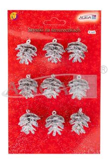 Szyszki mini SZYSZ-100 przypruszone śniegiem, na sznureczku, rozm.2cm x 2,5cm, op.9szt. PROM