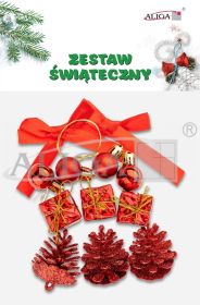 Zestaw świąteczny SGD-03 - 4 bombki, 3 miniprezenty, 3 szyszki, 2 kokardki, 4 sznureczki, kolor czerwony