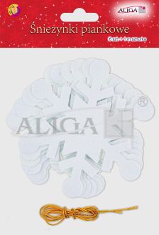 Śnieżynki piankowe GIR-0414 perłowe, z brokatem, do powieszenia, op. 6szt., 12,8 x 13,5cm