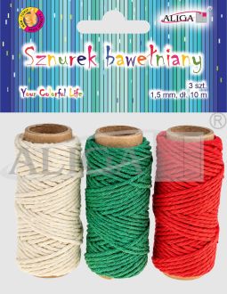 Sznurek bawełniany SZ-9270 rozm. 1,5mm x 10m, op. zawiera 3 kolory